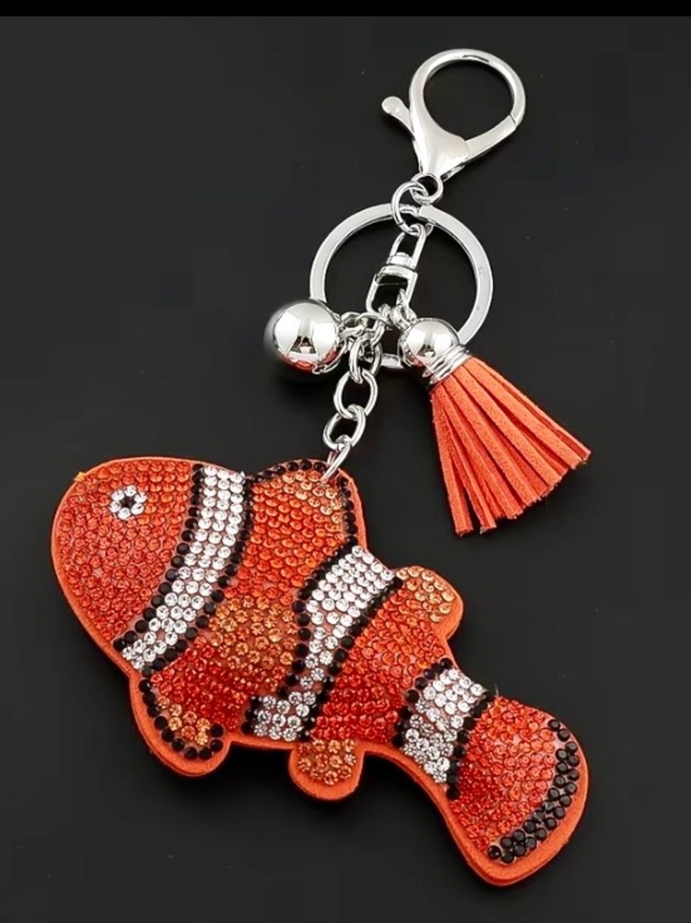 Gorgeous Crystal Encrusted Clown Fish Tassel Bag Charm Keychain- Silver Hardware